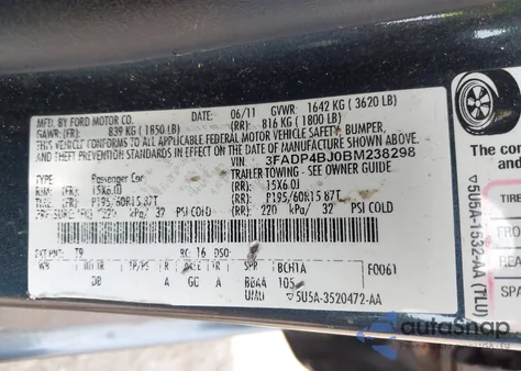 2011 Ford Fiesta Se z USA, uszkodzony, nr VIN 3FADP4BJ0BM238298